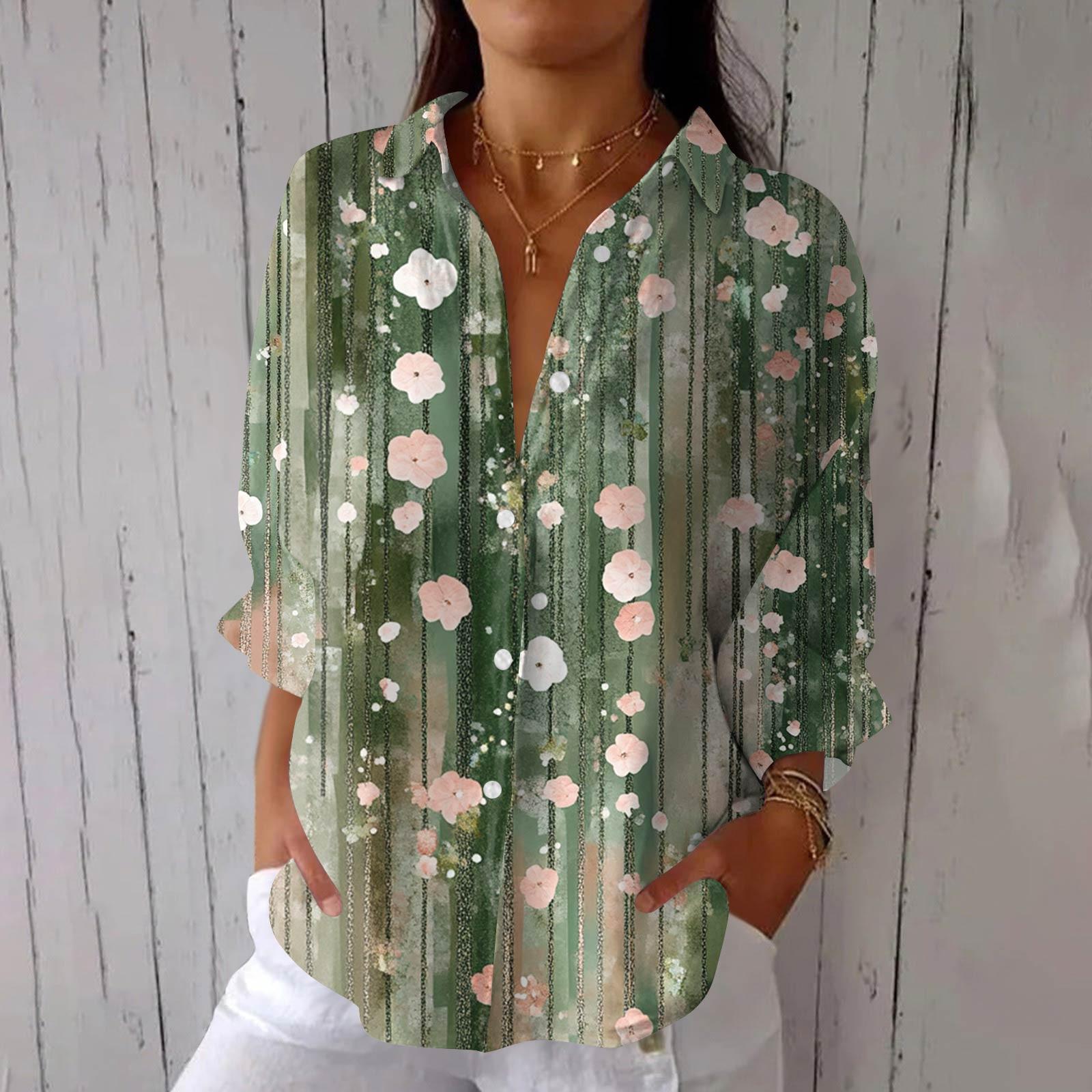 

Женская мода Семь рукавов Повседневная рубашка с лацканами и завязками сзади Футболка с принтом Топ M зелёный