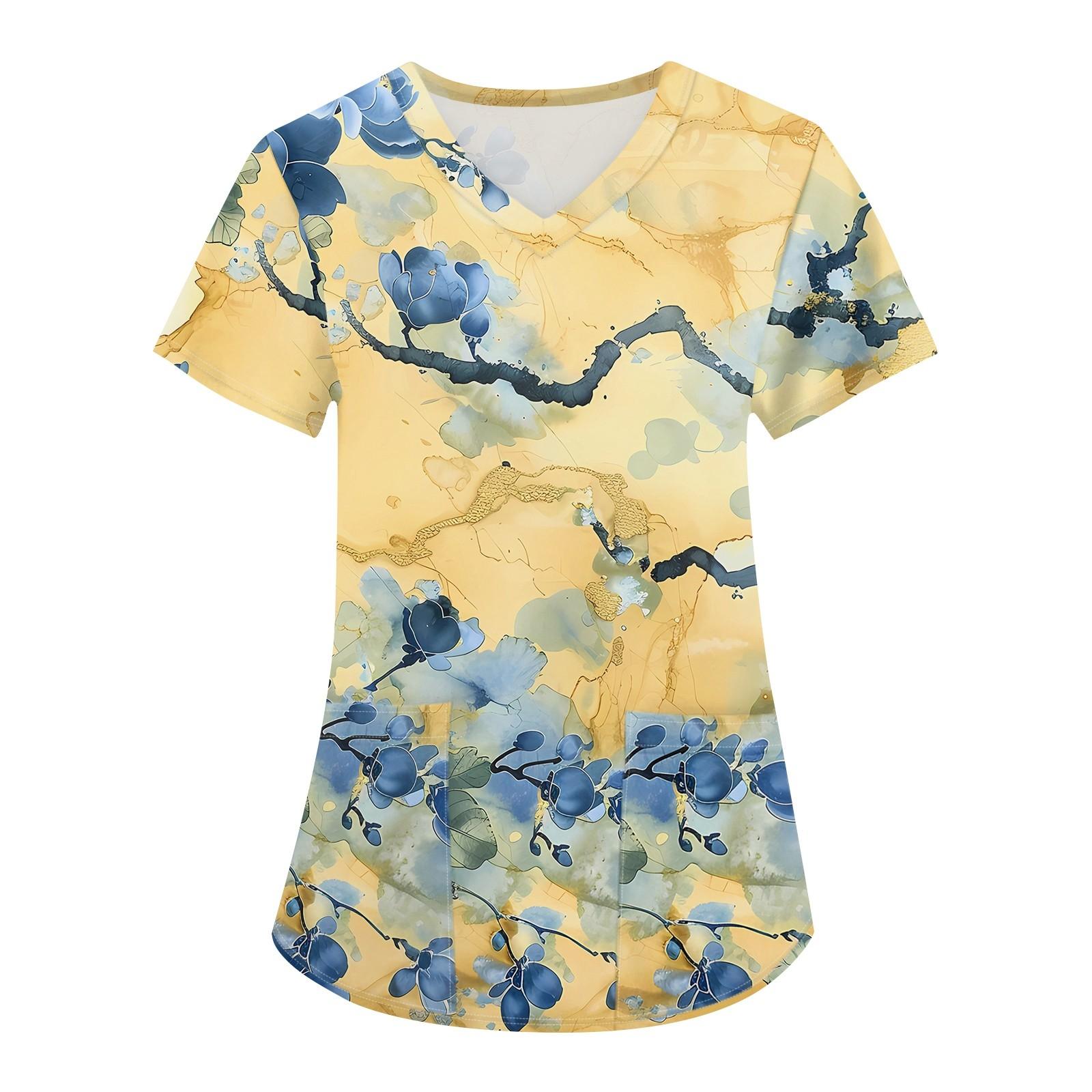 

Жіночий модний робочий одяг з V-подібним вирізом і короткими рукавами з принтованими кишенями M жовтий