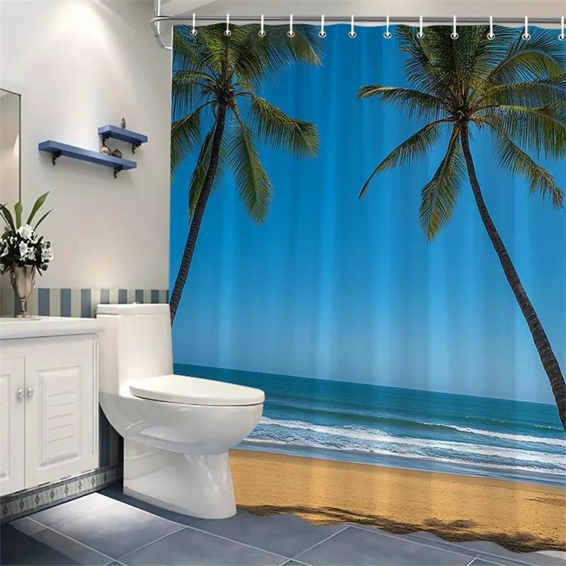 1Pc Tropical Beach Scene Shower Curtain - Polyester, Machine Washable, 70.86X70.86In, 12 Hooks, Tranquil Palm Trees & Ocean View