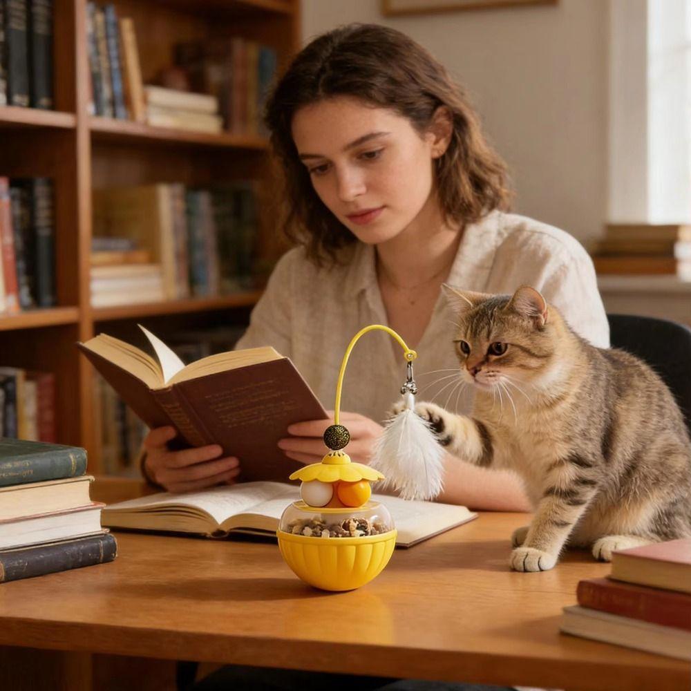 Long Pole Cat Teaser Wand Toy Rotating Feather Bell Treat Dispenser Catnip Wobble Puzzle Ball For Indoor Cat Exercise