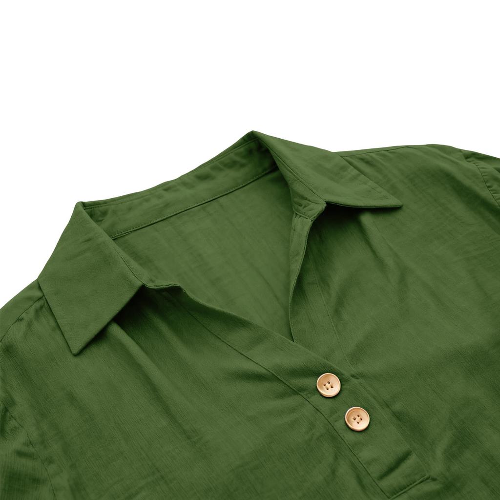 Women's Shirt Seven-Sleeve Lapel Cotton Linen Top Solided Color Casual Breathable Lapel Shirt