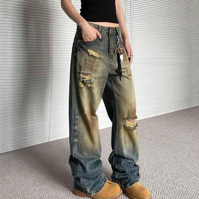 Vintage Streetwear Damejeans Høy midje Løse Hull Denimbukser Dame Casual Rette Bukser Dame