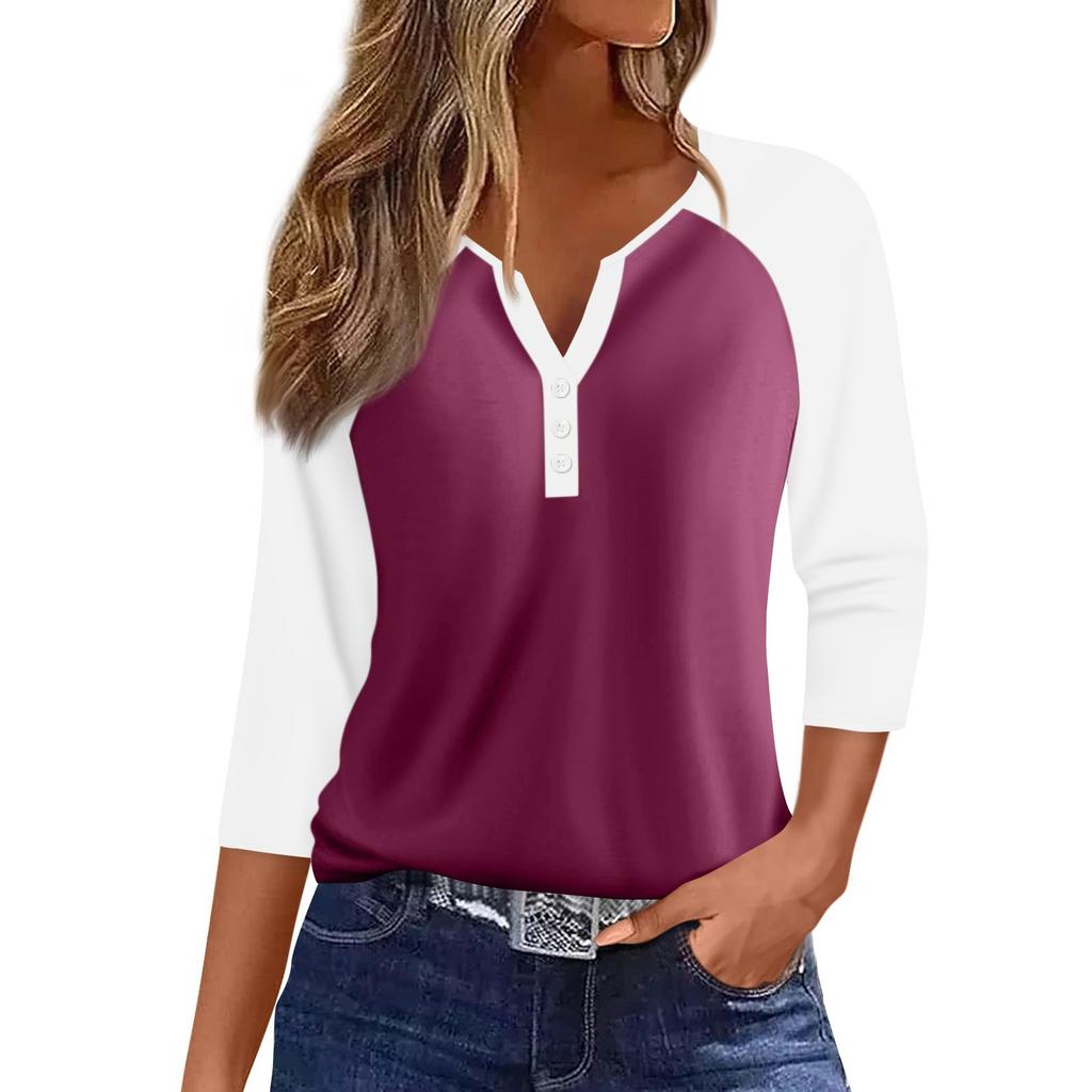 Women's Fashion Casual Raglan Sleeve Colorblock V-Neck Three-quarter Sleeve Decorative Button T-shirt Top