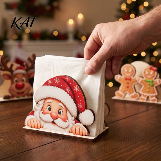 Decorative Paper Holder Wooden Christmas Napkin Holder, Cute Gingerbread Elk Santa Standing Tissue Dispenser, Stable Rack Farmhouse Cocktail Serviette
