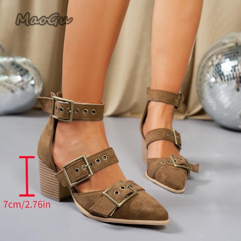 Fashion 2025 New Women's Pointed Toe Chunky Heel Fashion Single Shoes Thick Heeled Hollow Breathable Buckle Designed Elegant Sandals