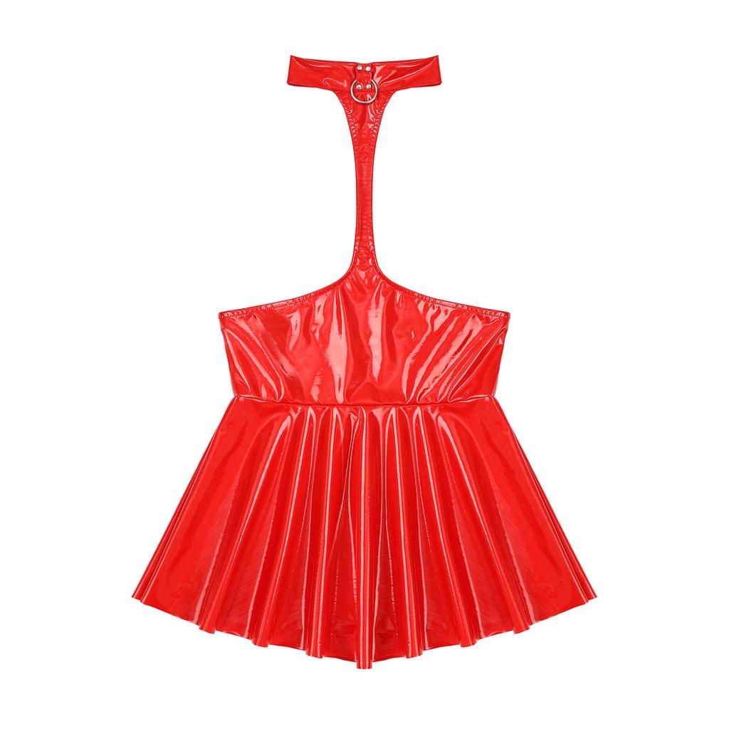 Women's Patent Leather Halter Neck Sexy Backless Bodycon Party MIni Dress Clubwear