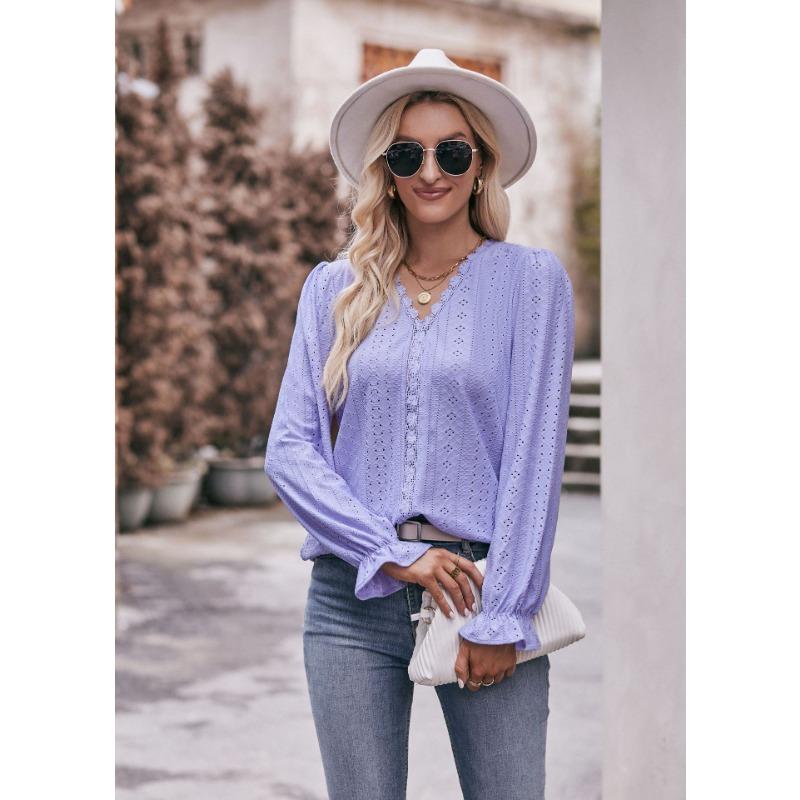 Spring and Autumn Women's Solid Colour Hole Lace V-Neck Long Sleeve Top