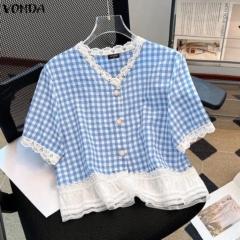 VONDA Women V Neck Short Sleeve Lace Crochet Patchwork Buttons Plaid Casual Blouse