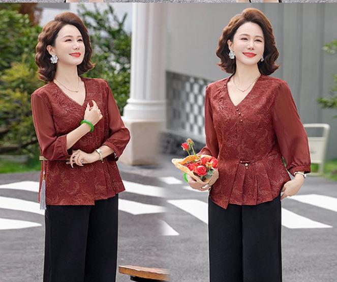 

2026 Spring V-Neck Three-Quarter Sleeve Top Two-Piece Set for Middle-Aged and Elderly Women - New Chinese Style Mother s Shirt 3XL (120-130 jin)