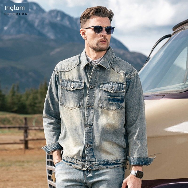 

Yingjuelun 2025 Autumn/Winter American Retro Heavy Washed Denim Jacket Men s Trendy Casual Turn-Down Collar Workwear Coat
