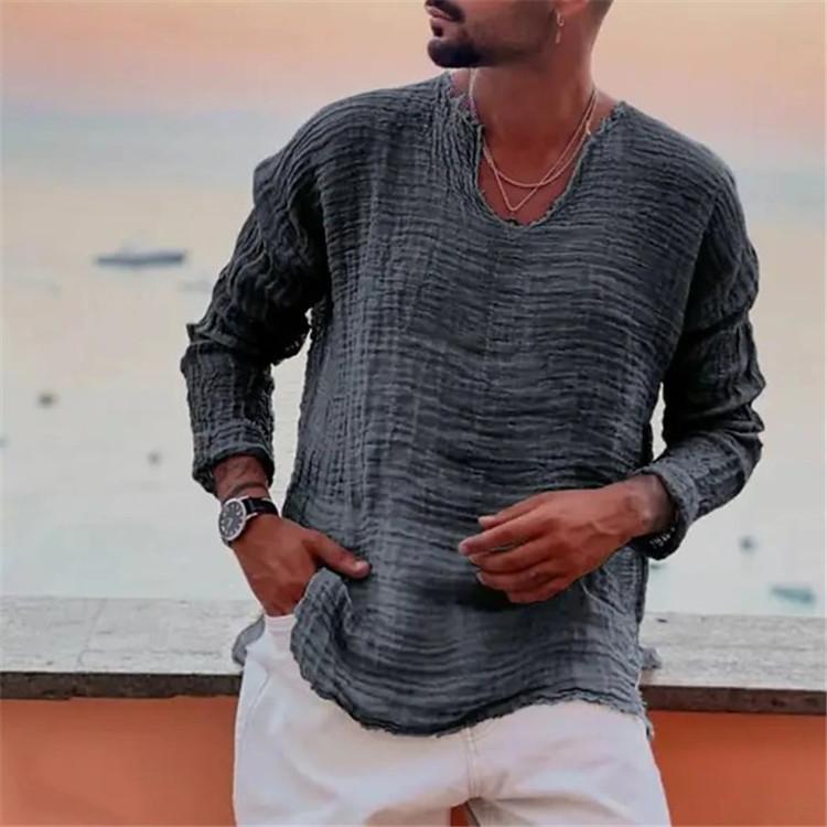 Männer V-ausschnitt Langarm Casual Shirt Tops Grat Rand Gefaltetes Festes Farbe Lose Fit Dünne Pullover Tops Streetwear