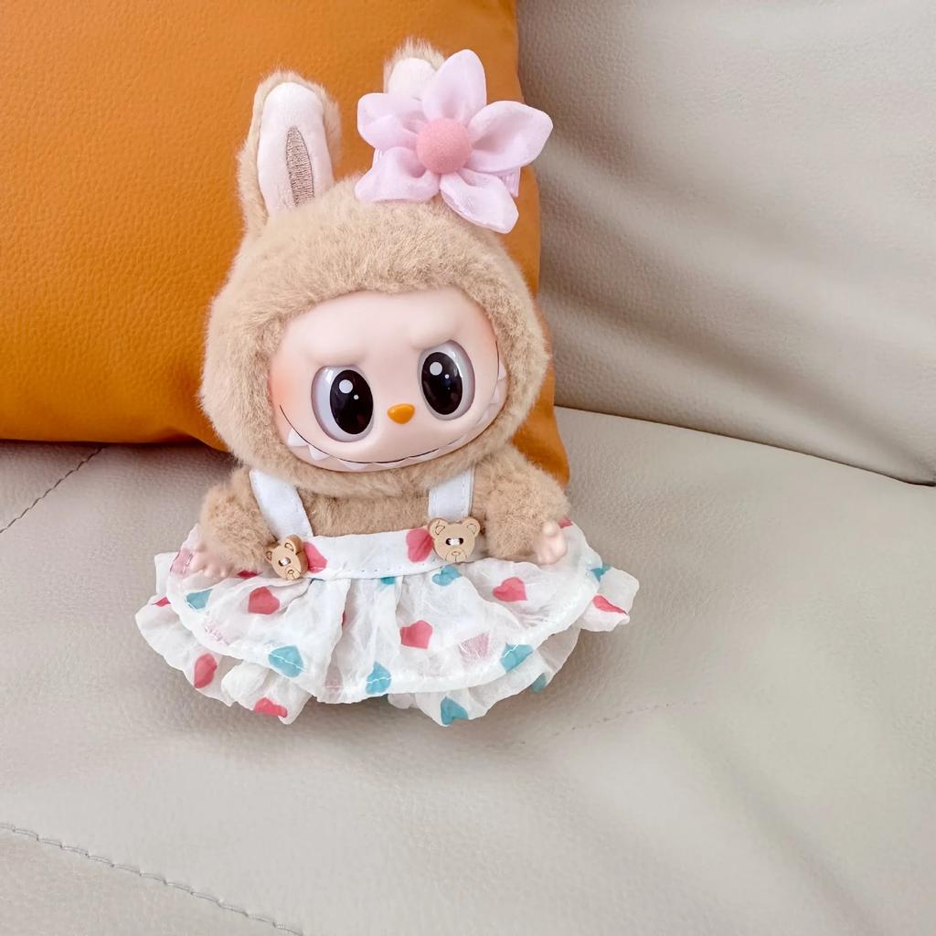 17cm Labubu Doll Outfit with Pleated Skirt Flower Hairpin and Baseball Cap Hat Set Labubu Clothing Accessories