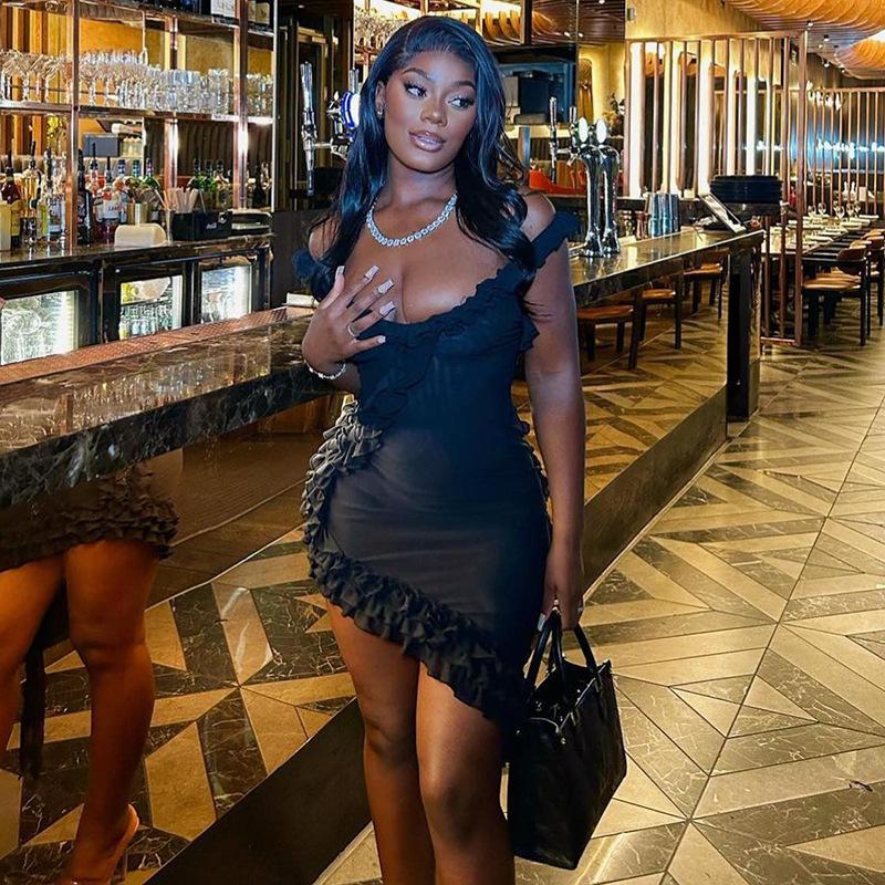 Summer V-neck Halter Backless Splicing Ruffle Short Dresses