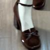 French Vintage High Heels Women's New 2025 Small Size Bow Knot Slip-On Thick Heel Single Shoes Round Toe Polyurethane Cushioning