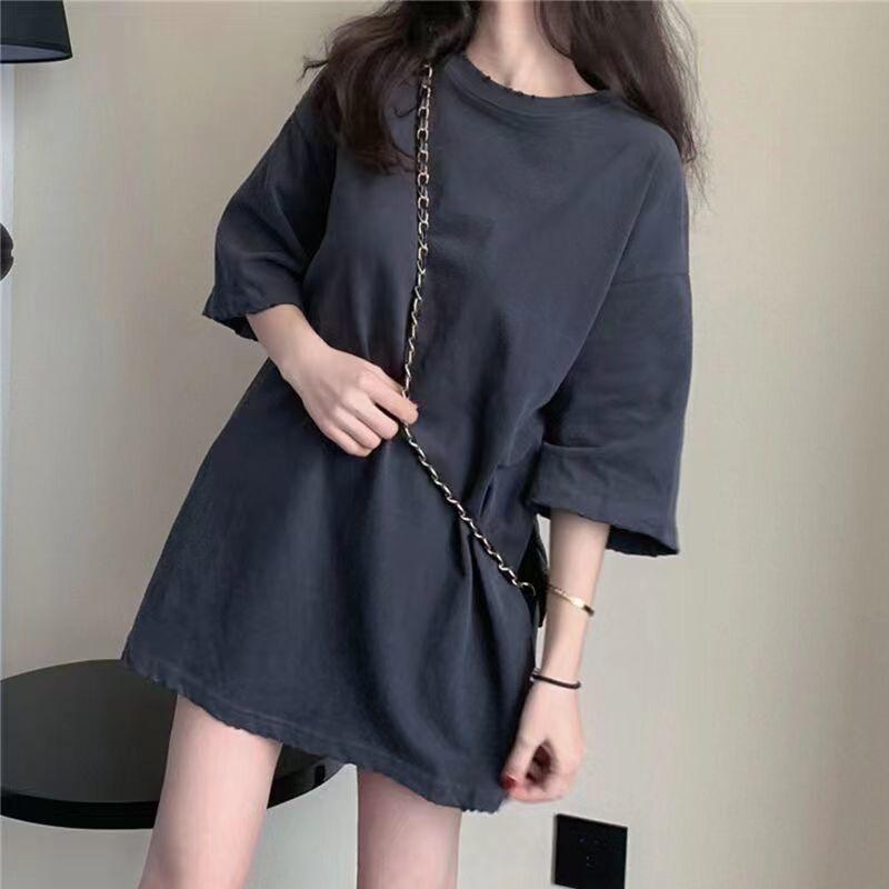 Summer New Solid Color Short-sleeved T-shirt Women Loose Slimming Niche Design Mid-length Top