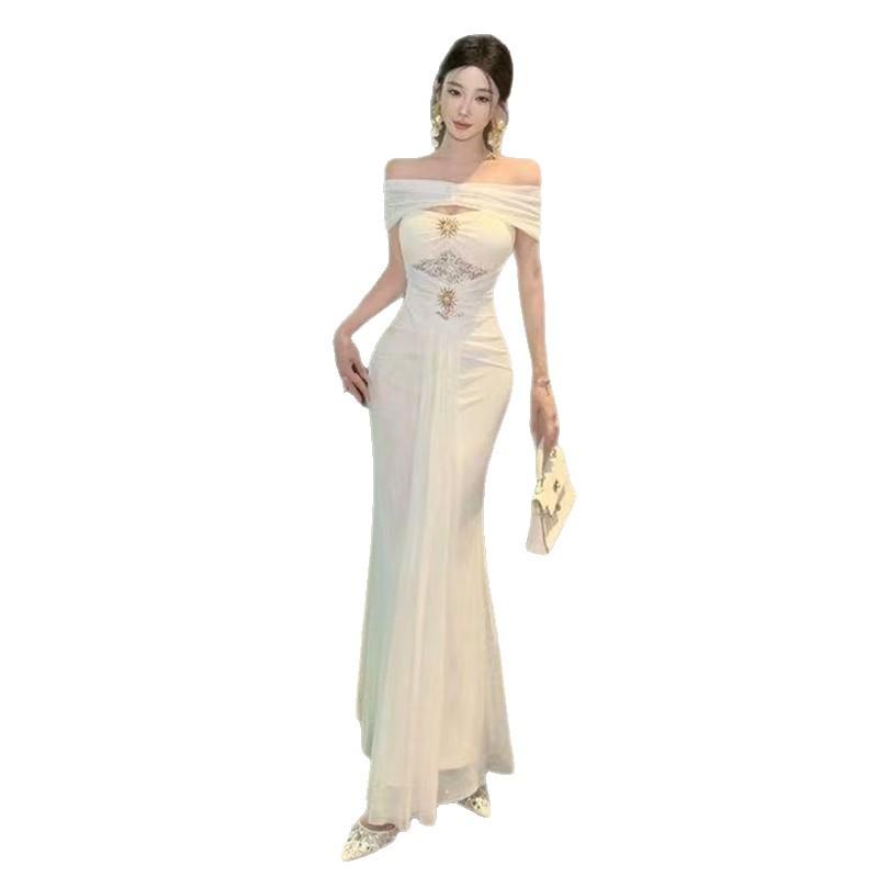 [With Chest Pads] Beautiful One-word Shoulder Dress Female Summer Socialite High-end Sexy Birthday Dress Waist Dress