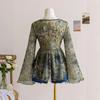 Brown Floral Print Deep V-Neck Long Sleeve Blouse with Bow and Ruffle Hem