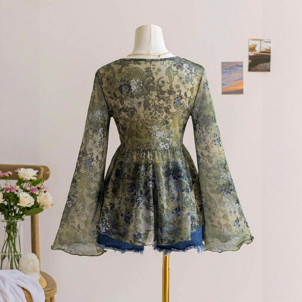 Brown Floral Print Deep V-Neck Long Sleeve Blouse with Bow and Ruffle Hem
