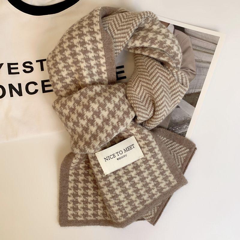 Korean-Style Houndstooth Knitted Scarf: Warm, Thick, All-Match Accessory for Autumn & Winter.