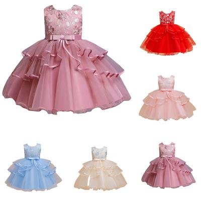 Girls Fashion Embroidery Lace Tulle Dress With Bow Princess Party Dress