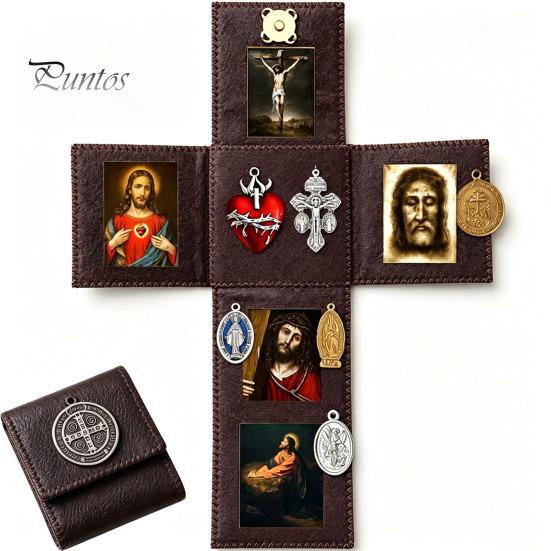 Altare Tascabile per la Preghiera Altare Cattolico Portatile, Santuario Fatto a Mano, Santuario Spirituale in Finta Pelle Pieghevole Dono Religioso Devozionale Cristiano