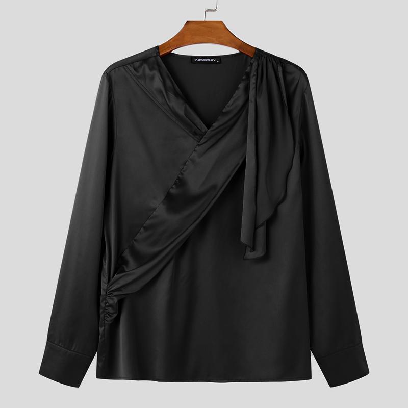 INCERUN Men Satin Shirts Long Sleeve V Neck Solid Color Ruffled Tops