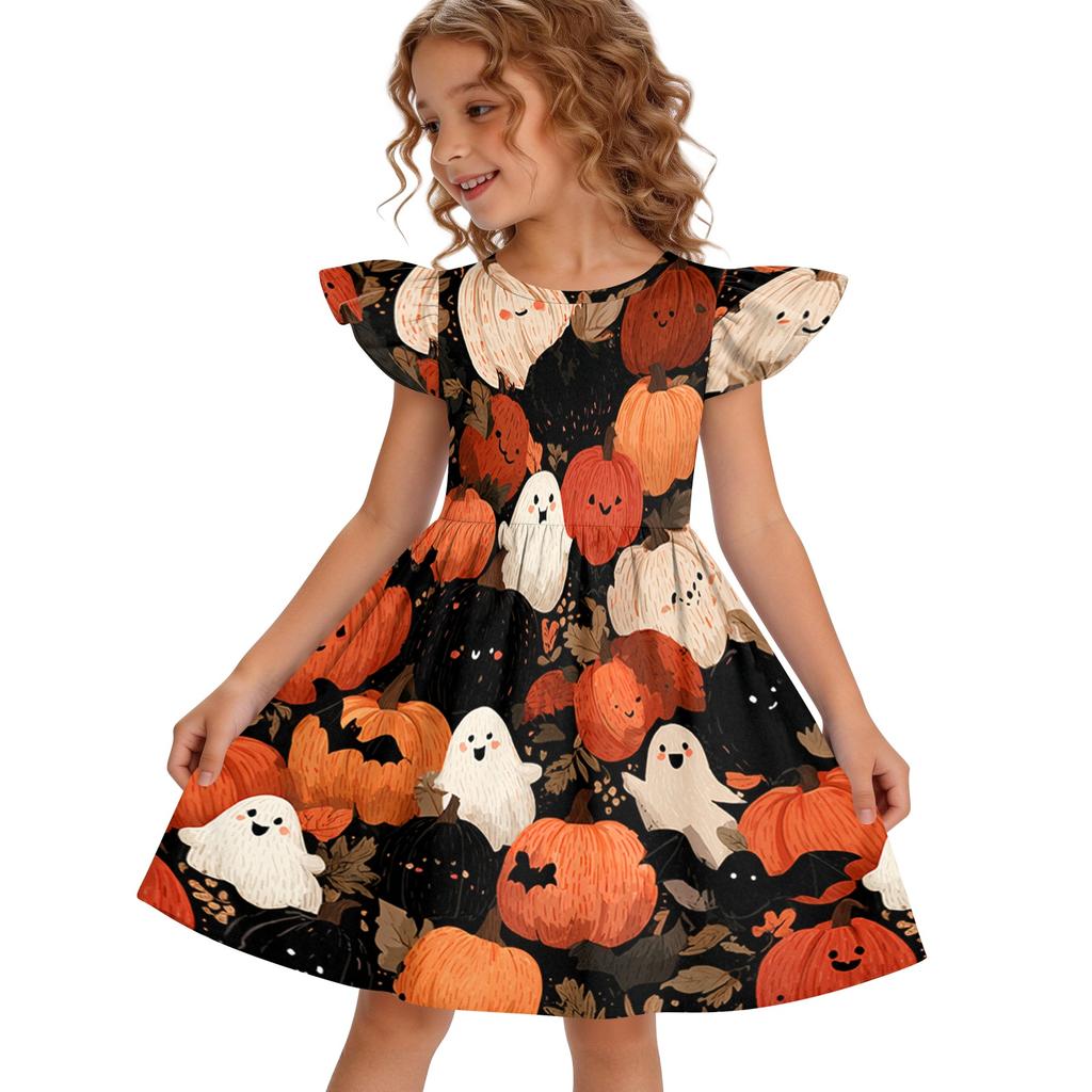 Girls Halloween Dress Flutter Sleeve Dress Ghost Print Patchwork Dress Kids Party Dress A-Line Dress for Toddler and Little Girls
