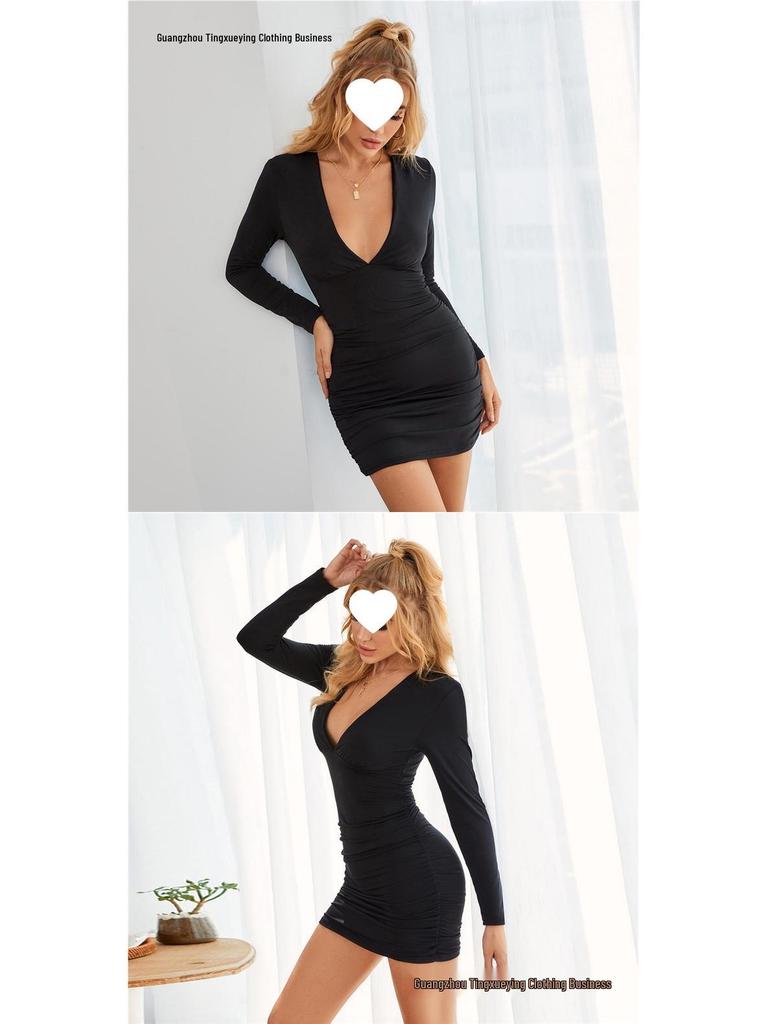 European Sexy Deep V Ruffled Bodycon Dress for Autumn/Winter