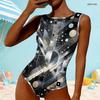 Women Plus Size High Round Neck Sleeveless One Piece Geometric Printed Swimsuit