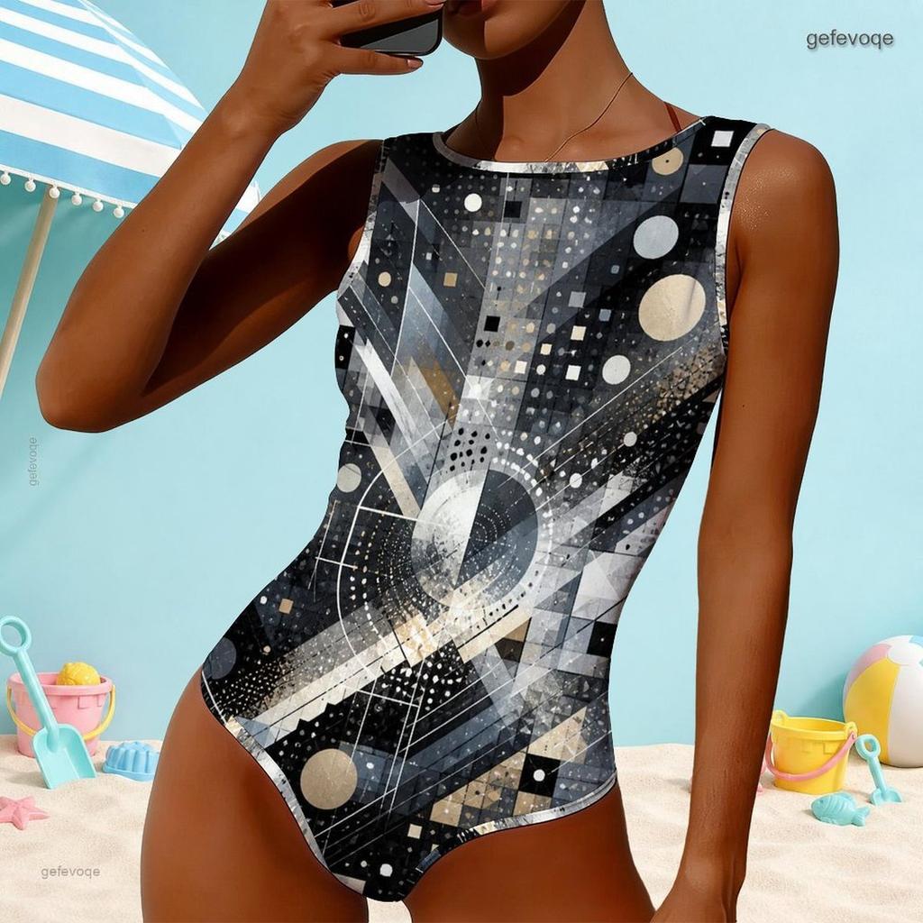 Women Plus Size High Round Neck Sleeveless One Piece Geometric Printed Swimsuit