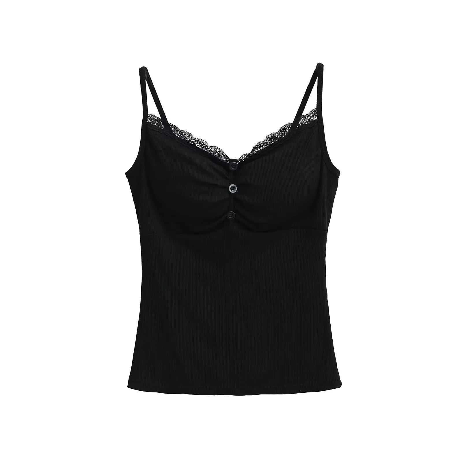 

Стильная майка-камисоль с кружевной отделкой и встроенными чашками - Удобный присборенный жилет для женщин Medium чёрный