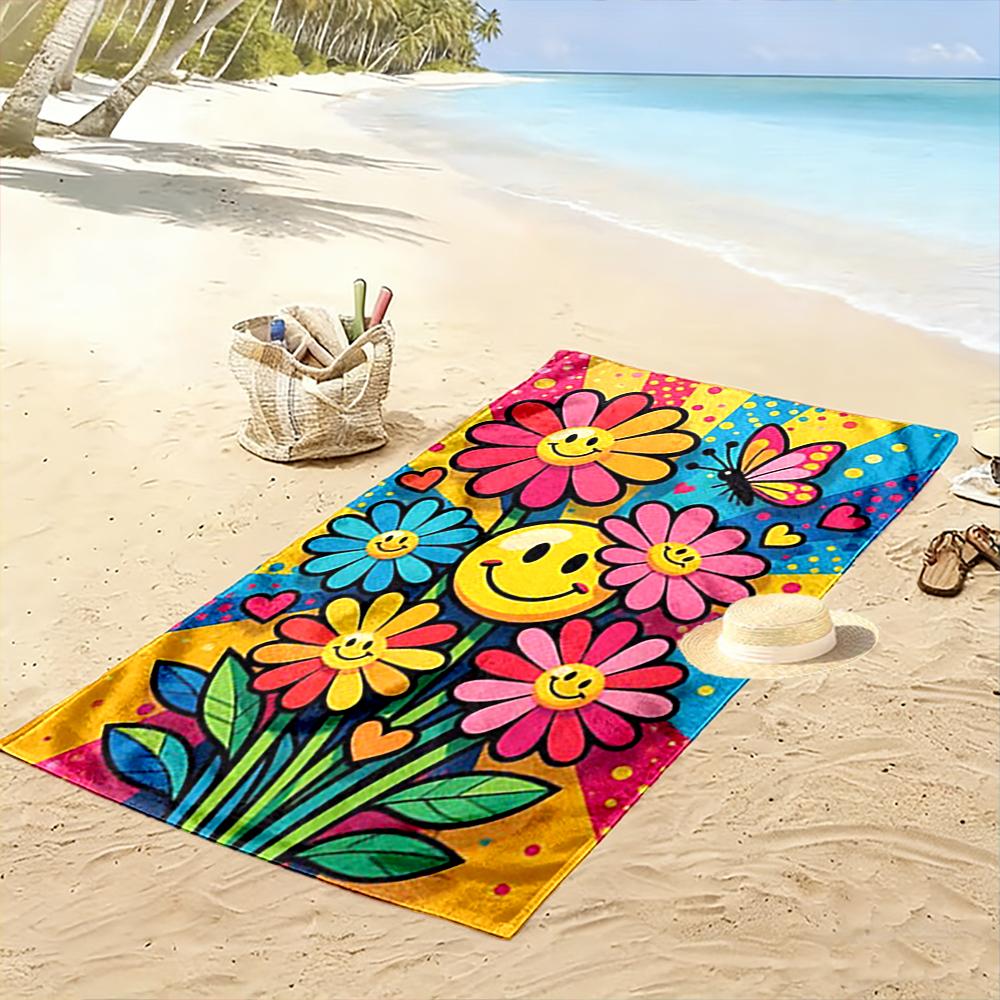 Smiley Flowers and Butterfly Design Beach towel quick-drying for travel outdoor sports jogging beach and swimming