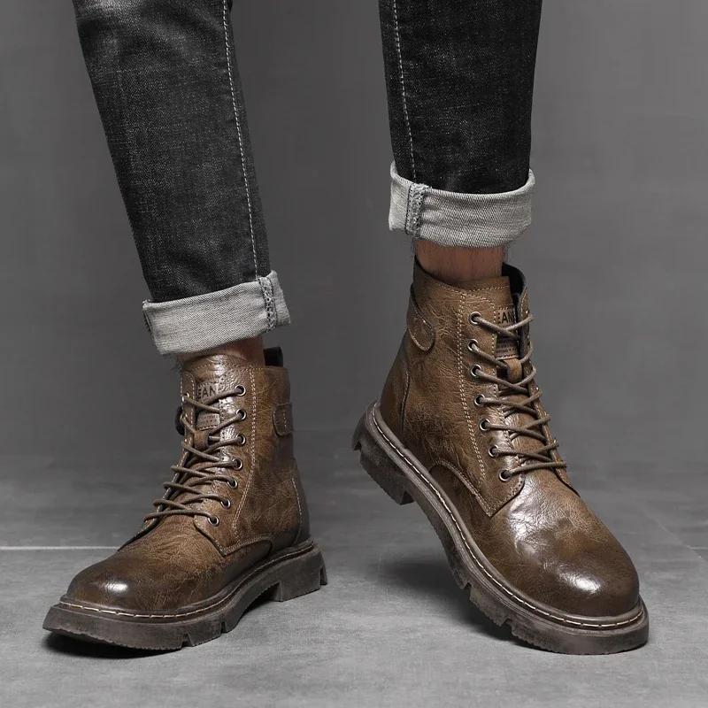 2024 New Men's Genuine Leather Boots High-top Mens Work Shoes Plus Velvet Warm Non-slip Fashion Trend Motorcycle Boots for Men