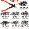 130pcs Single Ear Stepless Hose Clamps +1PC Hose Clip Clamp Pliers 7-21mm 304 Stainless Steel Hose Clamps Cinch Clamp Rings