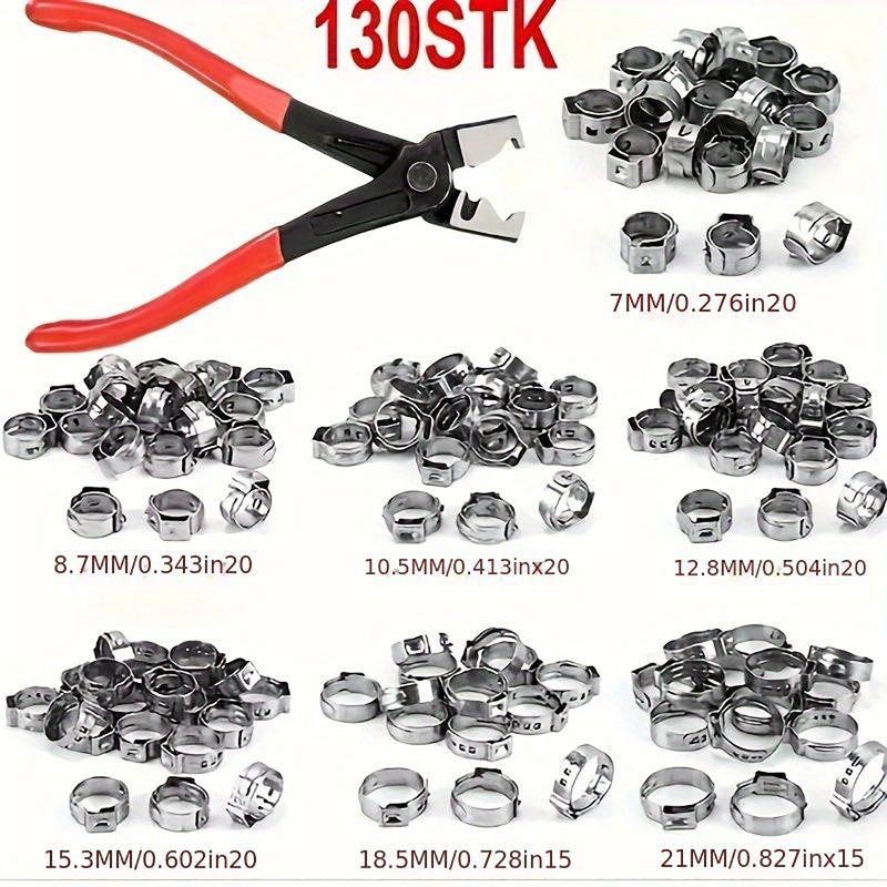 130pcs Single Ear Stepless Hose Clamps +1PC Hose Clip Clamp Pliers 7-21mm 304 Stainless Steel Hose Clamps Cinch Clamp Rings