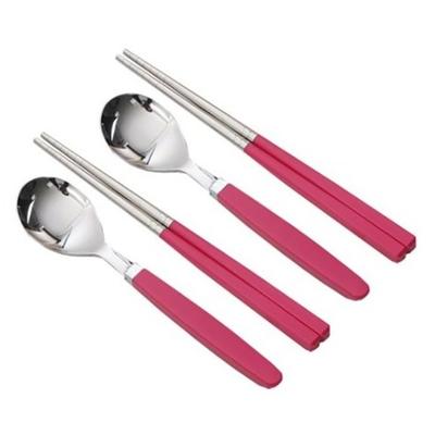 Zestaw sztućców dla dzieci Raonnuri Pick Me Color, 2 szt. łyżek + 2 szt. pałeczek, podstawowy, gorący róż (HP), 1 zestaw