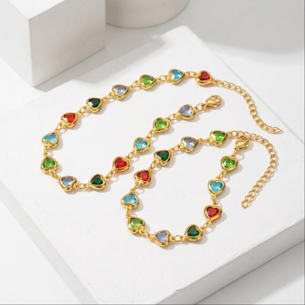 Heart Anklet Bracelet for Women Stainless Steel Colorful Zircon Gold Plated Waterproof Tarnish Free Summer Beach Luxury Jewelry