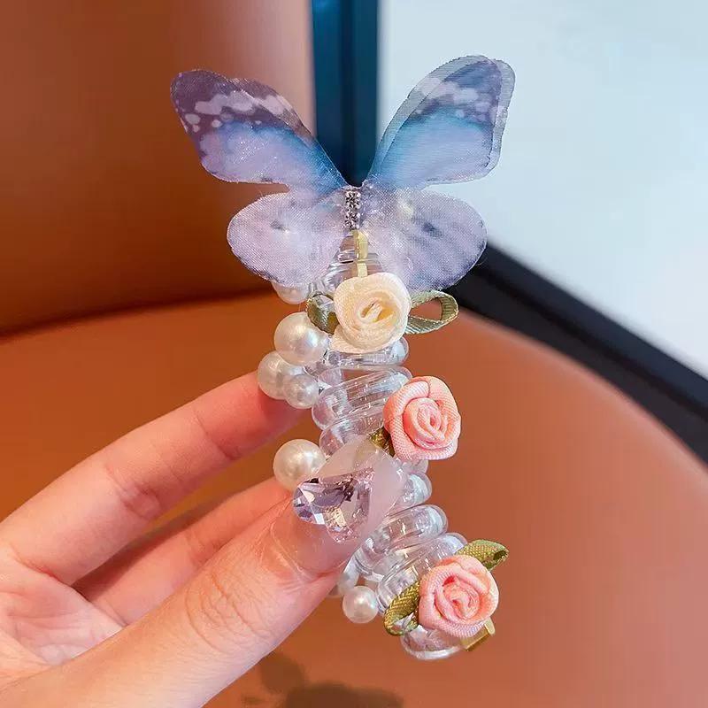Vintage Schmetterling Telefonkabel Haargummis für Damen - Hohe Elastizität, Knitterfreie Spiral-Pferdeschwanzhalter mit Blumen & Perlen, Schmetterling Haargummi
