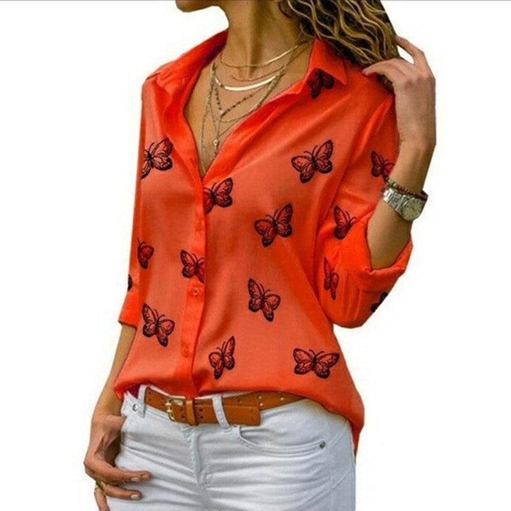 Oversized S-5XL Women Butterfly Print Loose Blouse Shirts Summer Female Long Sleeve Button Baggy OL Workwear Tops