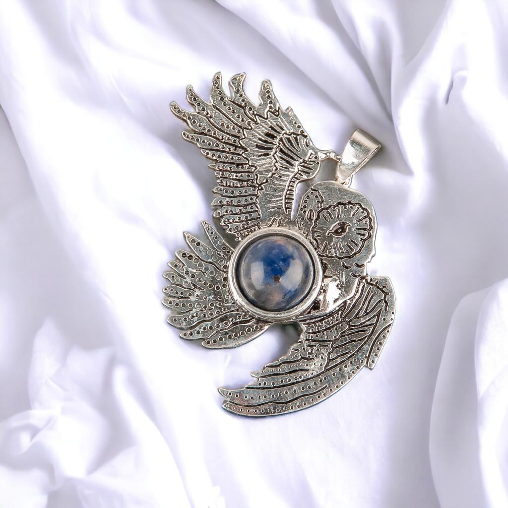 925 Sterling Silver Multi Gemstone Owl Designer Good Luck Jewelry Pendant 1.3" CP-16