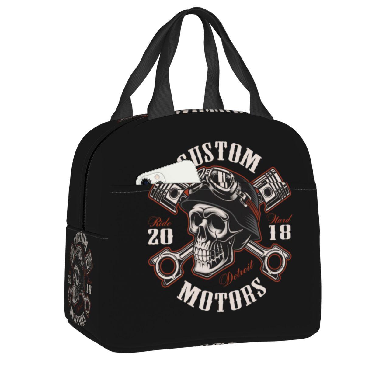 Custom Biker Motorcycle Skull Rockabilly Insulated Lunch Bag for Women Waterproof Thermal Cooler Lunch Box Beach Camping Travel 22x20x13cm