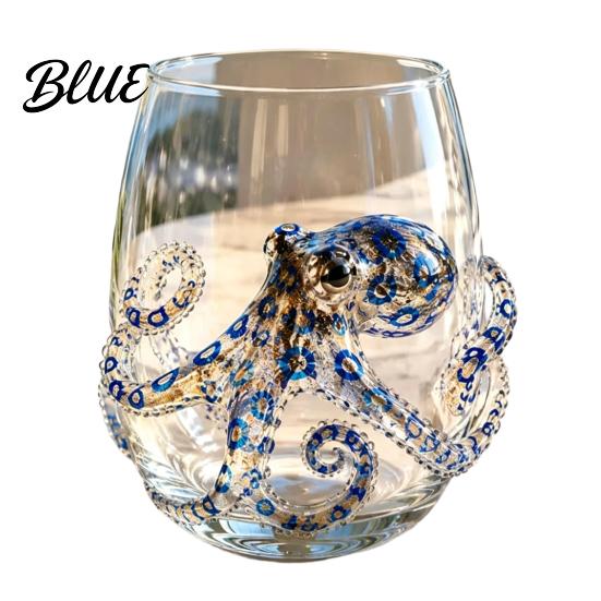 Octopus Embossed Glass Cup 12oz Water Cup Design Hand Painted Marine Style Decorative for Home Bar Drinking Ocean Lovers Decor Theme Barware