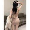 Pure Desire Sexy Lace Splicing V-neck Suspender Dress Slim Tight Body with Chest Pad Pleated Hip Wrap Skirt