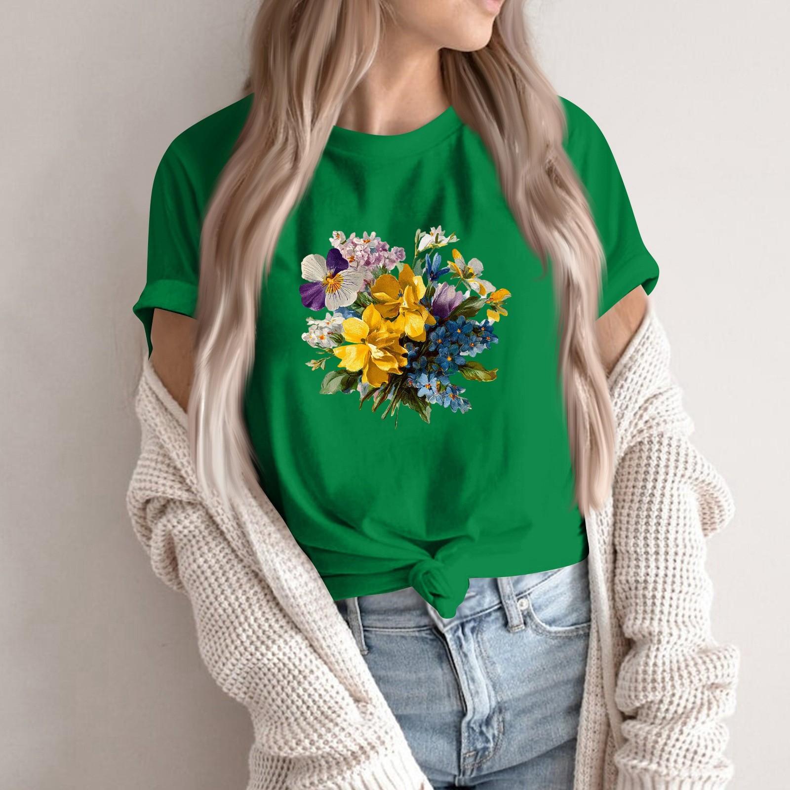 

Women s Fashion Casual Printed Round Neck Short Sleeved Pullover T-Shirt Top M зелений