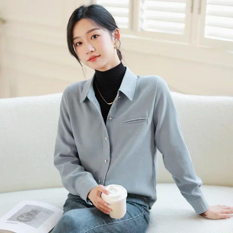 

Осенне-зимняя блузка с длинным рукавом и отложным воротником, винтажная рубашка в гонконгском стиле, женские топы, однотонная одежда Blusas 29912 S светло-синий