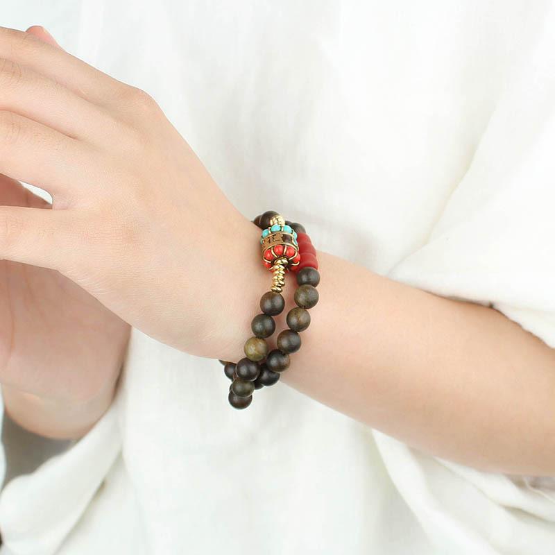 Tibetanskt nepalesiskt armband i grönt sandelträ för män och kvinnor, retro, naturligt rosenträ, flerfärdigt pärlarmband med smycken