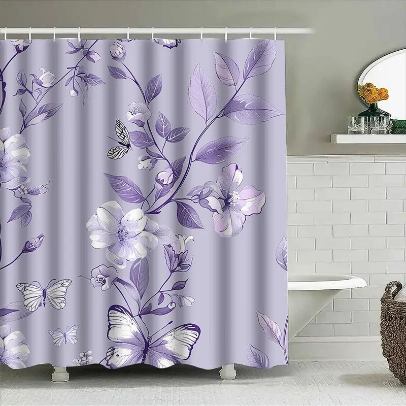 Vintage Purple Floral Shower Curtain Waterproof Durable Home Decor For Bathroom Beautiful Butterfly Print Perfect Gift Idea