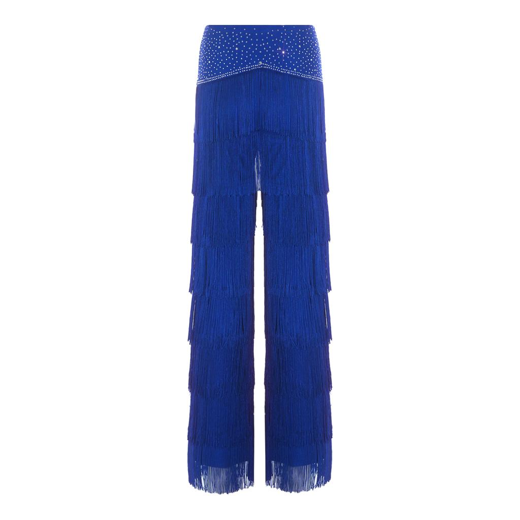 Pantaloni da Donna Latini Tango con Frange Vita Strass Strati Nappe Gamba Dritta per Cha-cha Rumba Allenamento Competizione Sala da Ballo