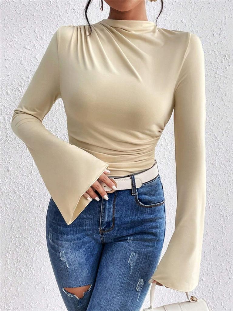Herbst Winter Neuestes Vielseitiges Rüschenärmel Rundhals Slim Fit Damen T-Shirt