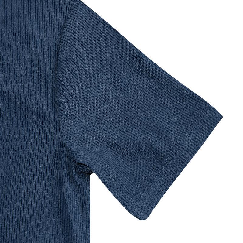 Men's V-neck Slim Fit Corduroy Casual Short Sleeve T-shirt, Solid Color